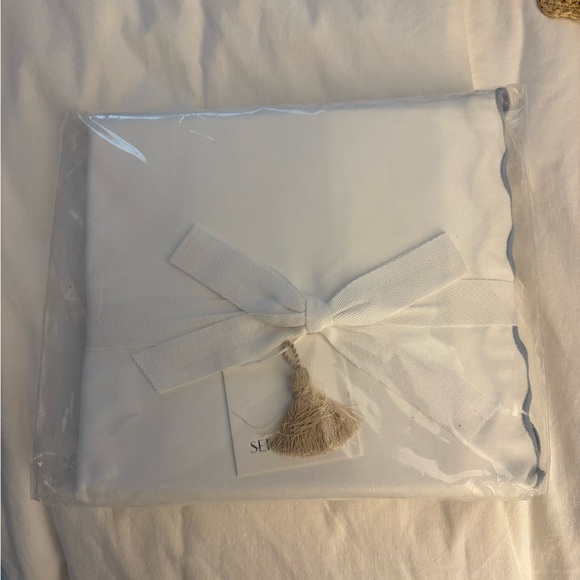 Serena & Lily White Bed Skirt with Blue wave Edge
